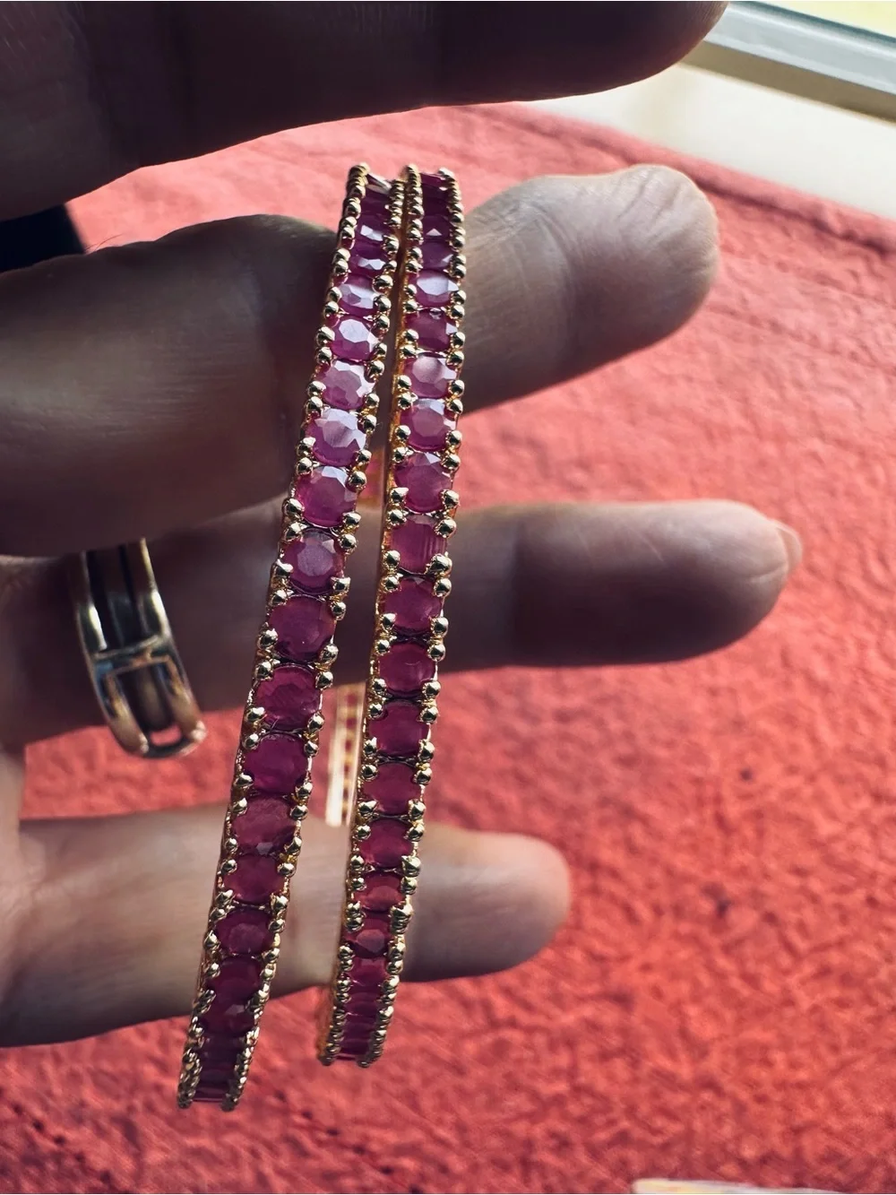 Gold-Tone Pink Stone Bangle Bracelets - Women Jewelry 2.8 size